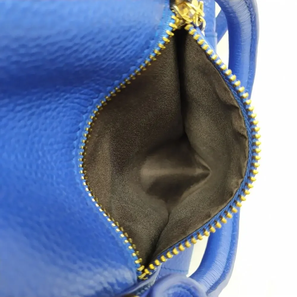 Terzetto Blue Pebbled Leather Double Handle Zipper Closure Satchel Shoulder Bag